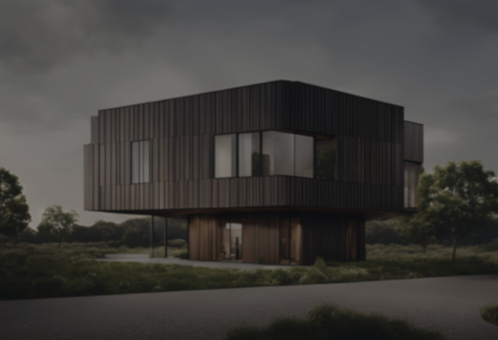 an artist's rendering of a modern house in the middle of a field