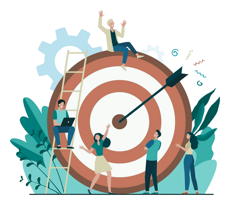 a group of people are standing around a target on a white background
